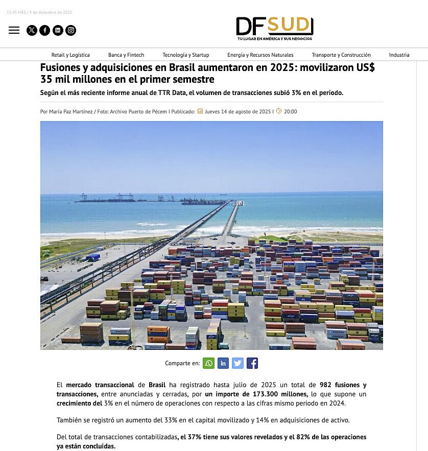 Fusiones y adquisiciones en Brasil aumentaron en 2025: movilizaron US$ 35 mil millones en el primer semestre